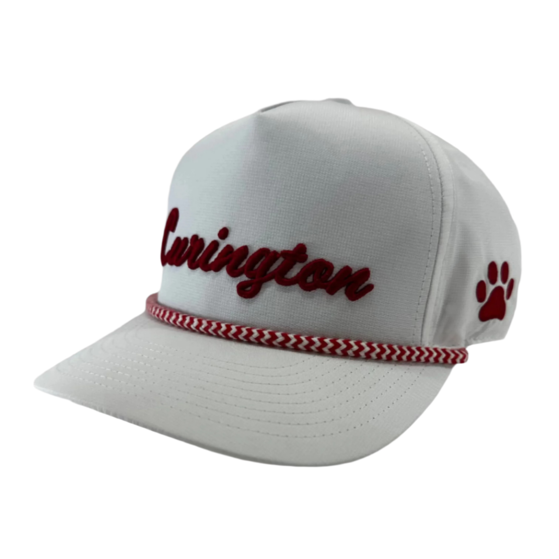 White cap with 'Lewington' and paw print design on a light gray background