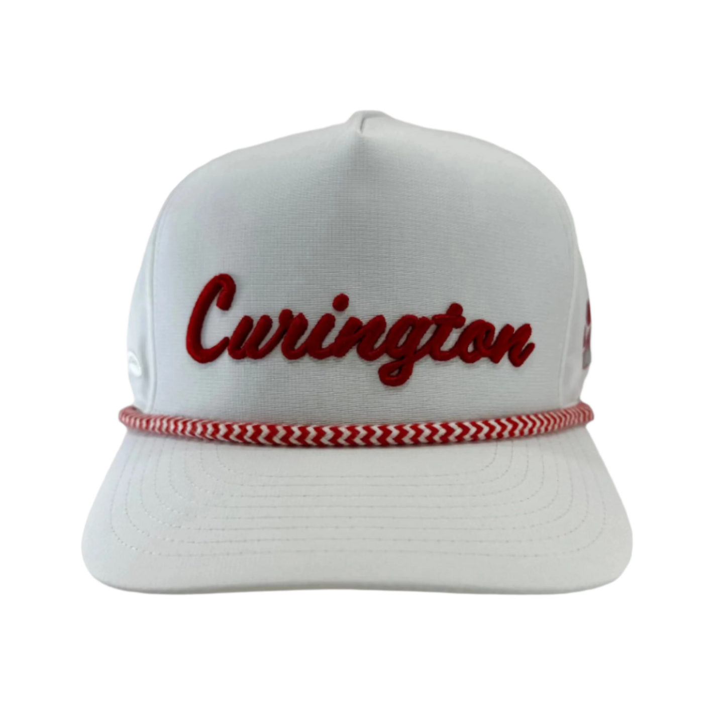 White cap with red text 'Curington' on a light gray background